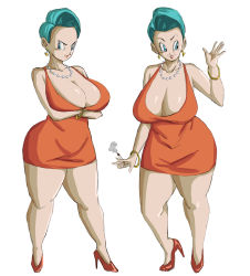 Rule 34 | 1girl, blue eyes, blue hair, bracelet, breasts, bulma, cigarette, cleavage, crossed arms, dragon ball, dragon ball gt, dragonball z, dress, earrings, full body, highres, huge breasts, jewelry, necklace, orange dress, panarandom, pearl necklace, shoes, solo, standing
