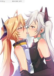Rule 34 | 2girls, blonde hair, breast press, clear (djmax), djmax, dress, fail (djmax), french kiss, kiss, multiple girls, saliva, simple background, sleeveless, sleeveless dress, tongue, tongue out, twintails, white background, white hair, yellowseeds, yuri