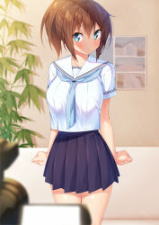 Rule 34 | 1girl, arms at sides, blue eyes, blue skirt, blurry, blurry foreground, blush, breasts, brown hair, commentary request, cowboy shot, embarrassed, hair between eyes, highres, indoors, kazuma (kazumav), large breasts, miniskirt, original, pleated skirt, school uniform, shirt, short sleeves, skirt, solo, white shirt