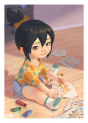 Rule 34 | 1girl, black hair, blizzard (company), blue shorts, bow, brown eyes, cabinet, child&#039;s drawing, commentary, company name, crayon, drawing, english commentary, fox, green socks, hair bow, hair ribbon, highres, holding, holding crayon, indoors, kiriko (overwatch), medium hair, multicolored clothes, multicolored legwear, official art, overwatch, overwatch 2, paper, parted lips, ribbon, shorts, sitting, socks, solo, topknot, white socks, will murai, wooden floor, yellow ribbon