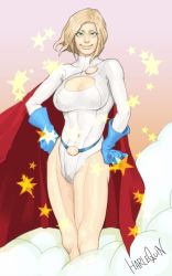 Rule 34 | 1girl, alien, belt, blonde hair, breasts, cape, cleavage cutout, clothing cutout, dc comics, female focus, gloves, gradient background, green eyes, hands on own hips, harlequin (artist), kryptonian, leotard, power girl, red cape, short hair, smile, solo, thighs