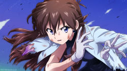 Rule 34 | 1girl, artist name, blue dress, blue eyes, breasts, brown hair, commentary, creatures (company), dated, dirty, dirty face, dress, earrings, eyelashes, floating hair, game freak, gloves, green (pokemon), grey gloves, hair between eyes, highres, holding, jacket, jewelry, kibisakura2, long hair, looking to the side, nintendo, open clothes, open jacket, pokemon, pokemon adventures, solo, sweat, torn clothes, white gloves