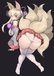 Rule 34 | 1girl, ahoge, animal ears, ass, bare shoulders, blonde hair, breasts, butt crack, closed mouth, covered erect nipples, detached sleeves, fox ears, fox girl, fox tail, from behind, full body, hair between eyes, highres, huge ahoge, izuna (shinrabanshou), johan (johan13), large breasts, long hair, long sleeves, looking at viewer, looking back, miniskirt, multiple tails, panties, pink eyes, pink skirt, pleated skirt, purple background, ribbon-trimmed legwear, ribbon trim, shinrabanshou, sideboob, skirt, smile, solo, tail, thick eyebrows, thighhighs, thighs, underwear, white panties, white thighhighs