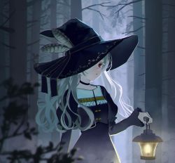 Rule 34 | 1girl, black dress, black hat, blurry, blurry foreground, closed mouth, commentary request, depth of field, dress, feathers, forest, hat, hat feather, highres, holding, holding lantern, lantern, layered sleeves, long hair, long sleeves, looking at viewer, nashigaya koyomi, nature, one eye covered, original, outdoors, puffy short sleeves, puffy sleeves, red eyes, short over long sleeves, short sleeves, solo, white feathers, white hair, witch, witch hat