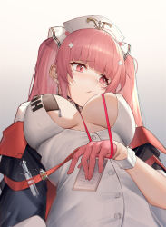 Rule 34 | 1girl, arl, azur lane, between breasts, blush, breasts, closed mouth, commentary, covered erect nipples, from below, gloves, gradient background, grey background, hat, highres, holding, id card, large breasts, long hair, looking away, looking to the side, nurse, official alternate costume, open clothes, perseus (azur lane), perseus (unfamiliar duties) (azur lane), pink eyes, pink gloves, pink hair, short sleeves, skindentation, solo, syringe, twintails, underboob, upper body, white hat, wrist cuffs
