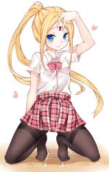Rule 34 | 1girl, abigail williams (fate), ai cao, alternate costume, alternate hairstyle, arm up, blonde hair, blue eyes, blush, brown hair, closed mouth, collared shirt, commentary request, dress shirt, fate/grand order, fate (series), full body, heart, high ponytail, highres, keyhole, kneeling, long hair, no shoes, pantyhose, plaid, plaid skirt, pleated skirt, ponytail, red skirt, shirt, short sleeves, sidelocks, skirt, solo, thighband pantyhose, very long hair, white background, white shirt