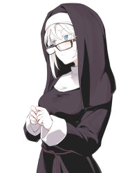 Rule 34 | 1girl, asutora, asutora-chan, black-framed eyewear, blue eyes, breasts, closed mouth, commentary request, fingernails, glasses, highres, long sleeves, medium breasts, nun, original, simple background, solo, white background, white hair