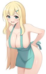Rule 34 | 1girl, apron, aqua apron, aqua eyes, bare arms, bare shoulders, blonde hair, blunt bangs, blush, breasts, cleavage, collarbone, commentary, cowboy shot, hair ornament, hairclip, highres, large breasts, leaning forward, long hair, looking at viewer, naked apron, open mouth, senran kagura, sidelocks, simple background, smile, solo, standing, surippa1010, teeth, tying apron, upper teeth only, very long hair, white background, yomi (senran kagura)
