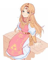 Rule 34 | 1girl, armlet, blonde hair, blue eyes, blush, breasts, commentary, dress, jewelry, long hair, looking at viewer, medium breasts, necklace, nintendo, ornament, parted bangs, pink dress, pointy ears, princess zelda, ryon (ryonhei), sitting, smile, solo, the legend of zelda, tiara