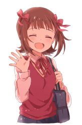Rule 34 | 1girl, ^ ^, amami haruka, bag, blush, bow, breasts, brown hair, buchi (y0u0ri ), closed eyes, dot nose, grey skirt, hair bow, hair ribbon, hand up, hands up, holding strap, idolmaster, idolmaster (classic), idolmaster million live!, idolmaster million live! theater days, long sleeves, medium breasts, neck ribbon, open hand, open mouth, pink shirt, pleated skirt, red ribbon, red sweater vest, ribbon, school bag, school uniform, shirt, short hair, simple background, skirt, smile, solo, sweater vest, upper body, white background