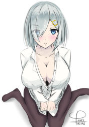 Rule 34 | 10s, 1girl, 2017, blue eyes, blush, breasts, cleavage, commentary request, eyes visible through hair, hair between eyes, hair ornament, hair over one eye, hamakaze (kancolle), kantai collection, kneeling, koappu, large areolae, large breasts, legs, looking at viewer, looking up, pantyhose, short hair, silver hair, sitting, solo, thighs, white background