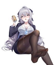 Rule 34 | 1girl, black jacket, black pantyhose, black skirt, blush, breasts, bronya zaychik, bronya zaychik (silverwing: n-ex), can, cleavage, crossed bangs, drill hair, feet, foot focus, foot out of frame, grey eyes, grey hair, grey sweater, hair ribbon, high ponytail, highres, holding, holding can, honkai (series), honkai impact 3rd, id card, jacket, large breasts, looking at viewer, office lady, open mouth, pantyhose, ribbon, shenqi xiao hong zai nali, simple background, skirt, soles, solo, sweater, sweater tucked in, thighband pantyhose, twin drills, white background