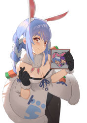 Rule 34 | 1girl, absurdres, animal ear fluff, animal ears, arms up, bad id, bad pixiv id, black gloves, black leotard, black pantyhose, blue hair, blush, braid, carrot hair ornament, commentary, detached sleeves, don-chan (usada pekora), drawing (object), dress, food-themed hair ornament, from above, fur-trimmed dress, fur-trimmed gloves, fur trim, gloves, hair ornament, head tilt, heart, highres, holding drawing, hololive, hololive fantasy, hololive indonesia, jmao, leotard, leotard under clothes, looking at viewer, moona hoshinova, multicolored hair, pantyhose, puffy short sleeves, puffy sleeves, rabbit ears, rabbit girl, red eyes, short sleeves, sidelocks, simple background, smile, solo, strapless, strapless dress, symbol-shaped pupils, thick eyebrows, twin braids, two-tone hair, usada pekora, usada pekora (1st costume), virtual youtuber, white background, white dress, white hair