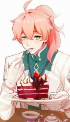 Rule 34 | 1boy, bad id, bad pixiv id, blurry, blush, cake, chocolate syrup, cup, depth of field, eating, fate/grand order, fate (series), food, fork, fruit, gloves, green eyes, holding, holding plate, long hair, male focus, pink hair, plate, ponytail, red velvet, red velvet cake, romani archaman, teacup, white gloves, www (1184187582)