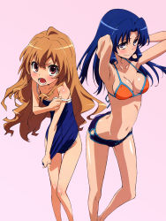 Rule 34 | 00s, 2girls, :o, absurdres, aisaka taiga, angry, armpits, arms behind head, arms up, bikini, blue eyes, blue hair, blush, breasts, brown hair, cleavage, clothes pull, competition school swimsuit, covering privates, embarrassed, flat chest, highres, kawashima ami, legs, long hair, medium breasts, midriff, multiple girls, navel, official art, one-piece swimsuit, one-piece swimsuit pull, open mouth, pulled by self, purple eyes, red eyes, scan, school swimsuit, sideboob, simple background, small breasts, smile, standing, strap slip, swimsuit, tanaka masayoshi, thigh gap, toradora!, wavy hair