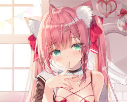 Rule 34 | 1girl, ahoge, animal ear fluff, animal ears, bare shoulders, bell, bow, bra, brown shirt, cat ears, choker, collarbone, commentary request, finger to mouth, green eyes, hair bow, hair ornament, heart, jingle bell, long hair, looking at viewer, miwabe sakura, off shoulder, open clothes, open shirt, original, pink hair, red bra, shirt, solo, twintails, underwear, upper body, window