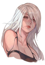 Rule 34 | 1girl, android, armlet, black tank top, closed mouth, collarbone, grey eyes, hair between eyes, hungry clicker, joints, long hair, mole, mole under mouth, nier (series), nier:automata, robot joints, solo, tank top, upper body, white background, white hair, a2 (nier:automata)