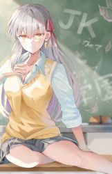 Rule 34 | 1girl, black skirt, blush, board eraser, breasts, chalk, chalkboard, cleavage, closed mouth, collarbone, collared shirt, desk, dress shirt, earrings, fate/grand order, fate (series), frown, hair ribbon, hand on own chest, jewelry, kama (fate), large breasts, long hair, long sleeves, looking at viewer, matcha7611, on desk, panties, red eyes, ribbon, school uniform, shirt, silver hair, sitting, skirt, sleeves rolled up, sweater vest, thighs, underwear, vest, white panties, white shirt, yellow vest