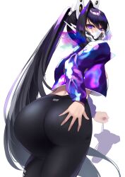 Rule 34 | 1girl, absurdres, ass, bare arms, black hair, black mask, blue eyes, colored inner hair, goddess of victory: nikke, highres, leggings, long hair, looking at viewer, mask, multicolored hair, pants, rinrin kai, sin (nikke), solo, sports bra, tight clothes, tight pants, yoga pants