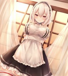 Rule 34 | 1girl, anchor ornament, apron, arms behind back, azur lane, black skirt, blush, breasts, closed mouth, curtain grab, curtains, frilled apron, frilled skirt, frills, hair between eyes, hairband, highres, indoors, kiri celea, large breasts, looking at viewer, maid, red eyes, short hair, silver hair, sirius (azur lane), skirt, smile, solo, thighhighs, two-tone hairband, underbust, waist apron, white apron, white thighhighs, window