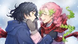 1boy 1girl black_hair braid closed_eyes coat commentary contemporary couple gloves gradient_hair green_hair grey_mittens hetero iguro_obanai kanroji_mitsuri kimetsu_no_yaiba long_hair long_sleeves looking_at_another mittens mole mole_under_eye multicolored_hair open_mouth pink_hair plaid_clothes plaid_scarf scarf shinishi_chiho smile snowing winter_clothes yellow_eyes