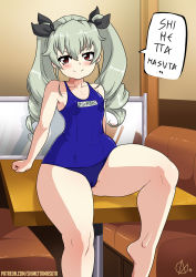 Rule 34 | 10s, 1girl, absurdres, anchovy (girls und panzer), blush, breasts, cameltoe, closed mouth, collarbone, covered erect nipples, covered navel, drill hair, female focus, girls und panzer, green hair, hair ornament, hair ribbon, highres, long hair, looking at viewer, red eyes, ribbon, shimetta masuta, sitting, sitting on table, small breasts, smile, solo, speech bubble, swimsuit, table, twintails