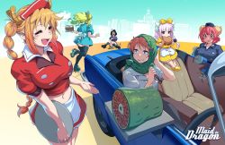 Rule 34 | 6+girls, ^ ^, apron, black hair, black socks, black thighhighs, blonde hair, blue dress, blue eyes, blue headwear, blue jacket, blunt bangs, bow, bow hairband, braid, breasts, brown eyes, burger, car, car interior, car seat, closed eyes, collared jacket, collared shirt, convertible, copyright name, cropped jacket, cup, dragon horns, dragon tail steak, dress, drinking glass, drinking straw, eating, elma (maidragon), unworn eyewear, fallen down, fang, food, food on head, frilled dress, frilled skirt, frills, from above, garrison cap, glasses, green hair, green headwear, grey shirt, hairband, hat, head scarf, headdress, highres, holding, holding removed eyewear, holding food, holding tray, horns, ilulu (maidragon), jacket, kanna kamui, kneehighs, kobayashi-san chi no maidragon, kobayashi (maidragon), large breasts, leg up, long hair, looking at another, lucoa (maidragon), mary janes, motor vehicle, multiple girls, navel, notice lines, object on head, open mouth, outdoors, pink eyes, pink hair, pointy ears, puffy short sleeves, puffy sleeves, red-framed eyewear, red hair, red jacket, red skirt, roller skates, shirt, shoes, short hair, short sleeves, sitting, skates, skirt, smile, socks, spilling, standing, steering wheel, sweatdrop, thighhighs, tohru (maidragon), tray, twin braids, voodoothur, waist apron, waist bow, waitress, white apron, yellow dress, yellow footwear, yellow hairband