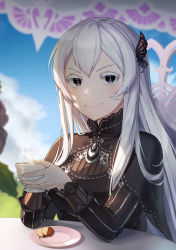 Rule 34 | 1girl, absurdres, artist name, black capelet, blurry, blurry background, butterfly hair ornament, capelet, colored eyelashes, commentary, cookie, cup, day, echidna (re:zero), elbows on table, english commentary, food, hair ornament, highres, holding, holding cup, long hair, long sleeves, looking at viewer, plate, purple eyes, re:zero kara hajimeru isekai seikatsu, sasoura, smile, solo, steam, teacup, upper body, v-shaped eyebrows, white background