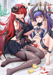 Rule 34 | 2girls, absurdres, ahoge, arms up, azur lane, bare shoulders, black dress, black gloves, black headband, black horns, black pantyhose, breasts, candle wax, center frills, center opening, clothing cutout, commentary request, covered navel, cross-laced clothes, cross-laced dress, cross patty, curled horns, demon girl, demon wings, dress, elbow gloves, felix schultz (azur lane), frilled gloves, frills, garden01, gloves, hair between eyes, headband, highres, hindenburg (azur lane), horns, large breasts, long hair, looking at viewer, manjuu (azur lane), multiple girls, navel, on bed, pantyhose, pointy ears, purple hair, red eyes, red hair, showgirl skirt, sleeveless, small breasts, spread legs, stomach cutout, thigh strap, twintails, underboob, underboob cutout, very long hair, wings, x x