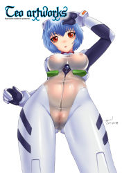 Rule 34 | 1girl, ayanami rei, blue hair, bodysuit, breasts, cameltoe, covered erect nipples, from below, highres, neon genesis evangelion, nipples, plugsuit, pussy, red eyes, see-through, see-through bodysuit, shirt, skin tight, solo, taut clothes, taut shirt, teo artworks, transparent, transparent bodysuit, white background
