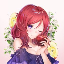 Rule 34 | 1girl, apple, bare shoulders, breasts, cleavage, commentary request, flower, food, fruit, gakuon (gakuto), hair between eyes, head tilt, highres, holding, holding food, holding fruit, looking at viewer, love live!, love live! school idol project, medium breasts, nail polish, nishikino maki, off-shoulder shirt, off shoulder, one eye closed, purple shirt, red hair, red nails, shirt, short hair, smile, solo, strapless shirt, upper body