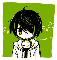 Rule 34 | 1boy, absurdres, border, closed mouth, collarbone, drawstring, earbuds, earphones, green background, hair over one eye, highres, hood, hood down, hotate oishii, jaggy lines, jitome, limited palette, male focus, messy hair, original, short hair, signature, solo, upper body, white border