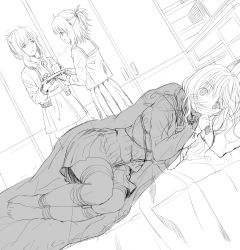 Rule 34 | 3girls, ball gag, bdsm, bed, blanket, blush, bondage, bound, commentary request, gag, gag around neck, unworn gag, greyscale, hair ribbon, haneru, haori haruki, hiding, highres, himino seika, himitsu no jugyou, long hair, long sleeves, lying, monochrome, mother and daughter, multiple girls, on side, open mouth, original, pillow, ponytail, pulled by self, ribbon, shibari, shibari over clothes, short hair, sweater, under covers, wiffle gag