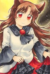 Rule 34 | 1girl, animal ears, breasts, brooch, brown hair, closed mouth, commentary request, dress, frilled dress, frills, full moon, happy, head tilt, highres, imaizumi kagerou, jewelry, long hair, long sleeves, maa (forsythia1729), marker (medium), medium breasts, moon, multicolored clothes, multicolored dress, red dress, red eyes, skirt hold, smile, touhou, traditional media, very long hair, white dress, wolf ears