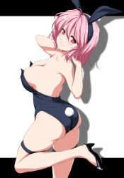 Rule 34 | 1girl, absurdres, alternate costume, animal ears, ass, bare arms, bare back, bare legs, bare shoulders, black background, black footwear, blush, breasts, cleavage, collarbone, commentary request, covered erect nipples, fake animal ears, fake tail, feet out of frame, hair between eyes, hands in hair, hands up, high heels, highres, large breasts, leotard, looking at viewer, low neckline, nori tamago, pink hair, playboy bunny, rabbit tail, red eyes, saigyouji yuyuko, shadow, short hair, sideboob, skindentation, smile, solo, standing, standing on one leg, tail, thigh strap, thighs, touhou, two-tone background, white background