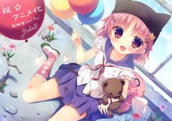 Rule 34 | 10s, 1girl, :d, animal hat, backpack, bag, balloon, blue skirt, blush, dutch angle, fake facial hair, fake mustache, fake wings, flower, from above, gakkou gurashi!, hair ornament, hairclip, hat, jpeg artifacts, looking at viewer, looking up, mary janes, open mouth, pink hair, ruins, school uniform, shoes, short hair, sitting, skirt, smile, socks, solo, stuffed animal, stuffed toy, takeya yuki, teddy bear, torn clothes, torn skirt, uwabaki, wariza, winged bag, wings, x hair ornament, yukie (peach candy)