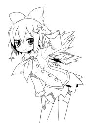 Rule 34 | 1girl, alternate costume, cirno, greyscale, hair ribbon, ice, ice wings, kannazuki hato, monochrome, pointy ears, ribbon, short hair, simple background, smile, solo, sparkle, thighhighs, touhou, wings