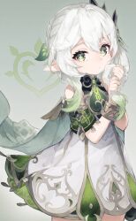 Rule 34 | 1girl, braid, cape, closed mouth, cowboy shot, detached sleeves, dress, flower-shaped pupils, genshin impact, gold trim, green eyes, green sleeves, hair ornament, holding, holding own hair, leaf hair ornament, long hair, nahida (genshin impact), nemu (isaya), pointy ears, short sleeves, side ponytail, sidelocks, solo, symbol-shaped pupils, very long hair, white cape, white dress, white hair