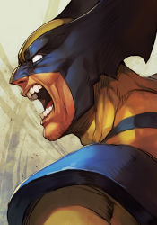 Rule 34 | 1boy, angry, bodysuit, claws, hungry clicker, male focus, manly, marvel, mask, muscular, nose, open mouth, portrait, profile, simple background, solo, teeth, wolverine (x-men), x, x-men, yellow bodysuit