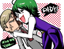 Rule 34 | age difference, azmanga, batman (series), blonde hair, colored skin, dc comics, duela dent, english text, engrish text, closed eyes, father and daughter, formal, green hair, harvey dent, lipstick, lowres, makeup, necktie, open mouth, ranguage, short hair, suit, two-face, white skin