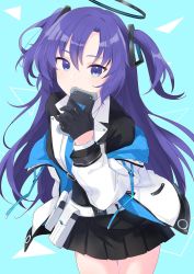 Rule 34 | 1girl, black gloves, black skirt, blue archive, blue eyes, blue necktie, cellphone, gloves, hair ornament, halo, highres, holding, holding phone, jacket, kyuuri (miyako), long hair, long sleeves, looking at viewer, necktie, off shoulder, phone, pleated skirt, pouch, purple hair, simple background, skirt, smartphone, smile, solo, triangle, two side up, very long hair, white jacket, yuuka (blue archive)