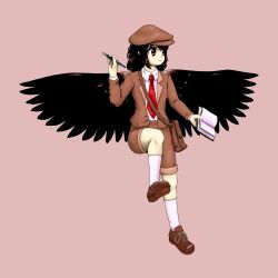 Rule 34 | 1girl, absurdres, bag, bird wings, black hair, black wings, brown bag, brown footwear, brown hat, brown jacket, brown shorts, closed mouth, cobalt288, collared shirt, commentary, english commentary, feathered wings, flat cap, full body, happy, hat, highres, holding, holding notebook, holding pen, jacket, kneehighs, long sleeves, necktie, nib pen (object), notebook, official alternate costume, open clothes, open jacket, pen, pink background, pointy ears, red necktie, shameimaru aya, shameimaru aya (newsboy), shirt, shoe soles, short hair, shorts, shoulder bag, simple background, smile, socks, solo, suit jacket, touhou, white socks, wings, zun (style)