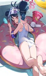 Rule 34 | 1girl, absurdres, antenna hair, ass, bare arms, bare legs, bare shoulders, barefoot, blue archive, blue hair, double bun, feet, food, foot out of frame, foreshortening, fubuki (blue archive), fubuki (swimsuit) (blue archive), hair bun, halo, highres, holding, holding food, innertube, legs, megaphone, multicolored hair, official alternate costume, one-piece swimsuit, open mouth, pink halo, popsicle, red eyes, school swimsuit, short hair, smile, soles, solo, swim ring, swimsuit, timo wei95, toes, whistle, whistle around neck, white one-piece swimsuit