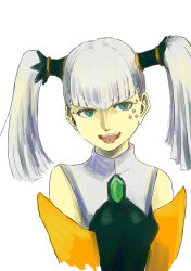 Rule 34 | 1girl, breasts, detached sleeves, dyer san love, green eyes, highres, long hair, looking at viewer, open mouth, piercing, simple background, small breasts, smile, solo, tolone (xenogears), tongue piercing, twintails, white background, white hair, xenogears