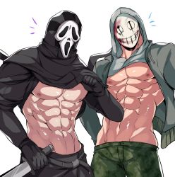 Rule 34 | 2boys, abs, bara, bare pectorals, black gloves, black pants, blood, blood on mask, chan kuro (azsdi4e), clothes lift, dead by daylight, ghostface, gloves, green pants, grey jacket, highres, holding, holding knife, holding weapon, hood, hood up, hoodie, jacket, knife, large pectorals, male focus, mask, multiple boys, muscular, muscular male, navel, nipples, open clothes, open jacket, pants, pectorals, scream (movie), the legion (dead by daylight), weapon