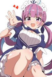 Rule 34 | 1girl, absurdres, ahoge, anchor print, anchor symbol, blue bow, blue dress, blue hair, blue ribbon, blush, bow, braid, breasts, collarbone, colored inner hair, curly hair, dress, hair ribbon, heart, highres, hololive, iwano kenta, knees, long hair, looking at viewer, maid, maid headdress, minato aqua, minato aqua (1st costume), multicolored hair, open mouth, pink eyes, pink hair, ribbon, salute, short sleeves, simple background, smile, solo, streaked hair, striped clothes, striped wrist cuffs, thighs, twintails, two-tone hair, virtual youtuber, white background, white bow, white headdress, white wrist cuffs, wrist cuffs