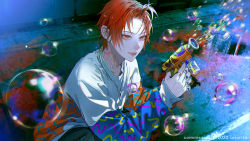 Rule 34 | 1boy, commission, ear piercing, earrings, english text, front ponytail, highres, holding, jewelry, lip piercing, long sleeves, male focus, necklace, open mouth, original, piercing, ponponpananda, red eyes, red hair, ring, soap bubbles, tongue, tongue out, toy gun