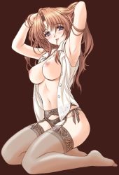 Rule 34 | 00s, 1girl, adjusting hair, alice soft, armpits, arms up, black panties, blush, breasts, brown hair, garter belt, garter straps, hair ornament, hairclip, hairdressing, hasuma kanae, kneeling, kuroda akimi, lace, lace-trimmed legwear, lace panties, lace trim, large breasts, lingerie, lipstick, long hair, makeup, mature female, mouth hold, navel, nipples, no bra, no pants, open clothes, open shirt, panties, purple eyes, see-through, shirt, side-tie panties, simple background, sleeveless, smile, solo, thighhighs, tsumamigui, unbuttoned, underwear
