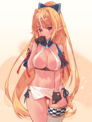 Rule 34 | 1girl, bikini, black gloves, blonde hair, blue bow, bow, breasts, closed mouth, commentary request, dark-skinned female, dark skin, gloves, hair bow, highres, hololive, large breasts, long hair, looking at viewer, multicolored hair, navel, pointy ears, ponytail, red eyes, shiranui flare, shiranui flare (old design), side-tie bikini bottom, single thighhigh, streaked hair, swimsuit, thighhighs, very long hair, virtual youtuber, waterring, white hair, white thighhighs