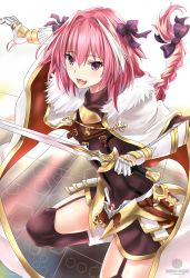 Rule 34 | 1boy, armor, armored dress, artist name, astolfo (fate), black bow, black dress, black thighhighs, bow, braid, cloak, dress, fang, fate/apocrypha, fate/grand order, fate (series), fighting stance, fur-trimmed cloak, fur trim, gauntlets, gorget, hair bow, hair intakes, happy, highres, holding, holding sword, holding weapon, long braid, long hair, long sleeves, male focus, multicolored hair, nez-box, open mouth, pink hair, puffy sleeves, purple eyes, single braid, smile, solo, streaked hair, sword, thighhighs, trap, weapon, white cloak